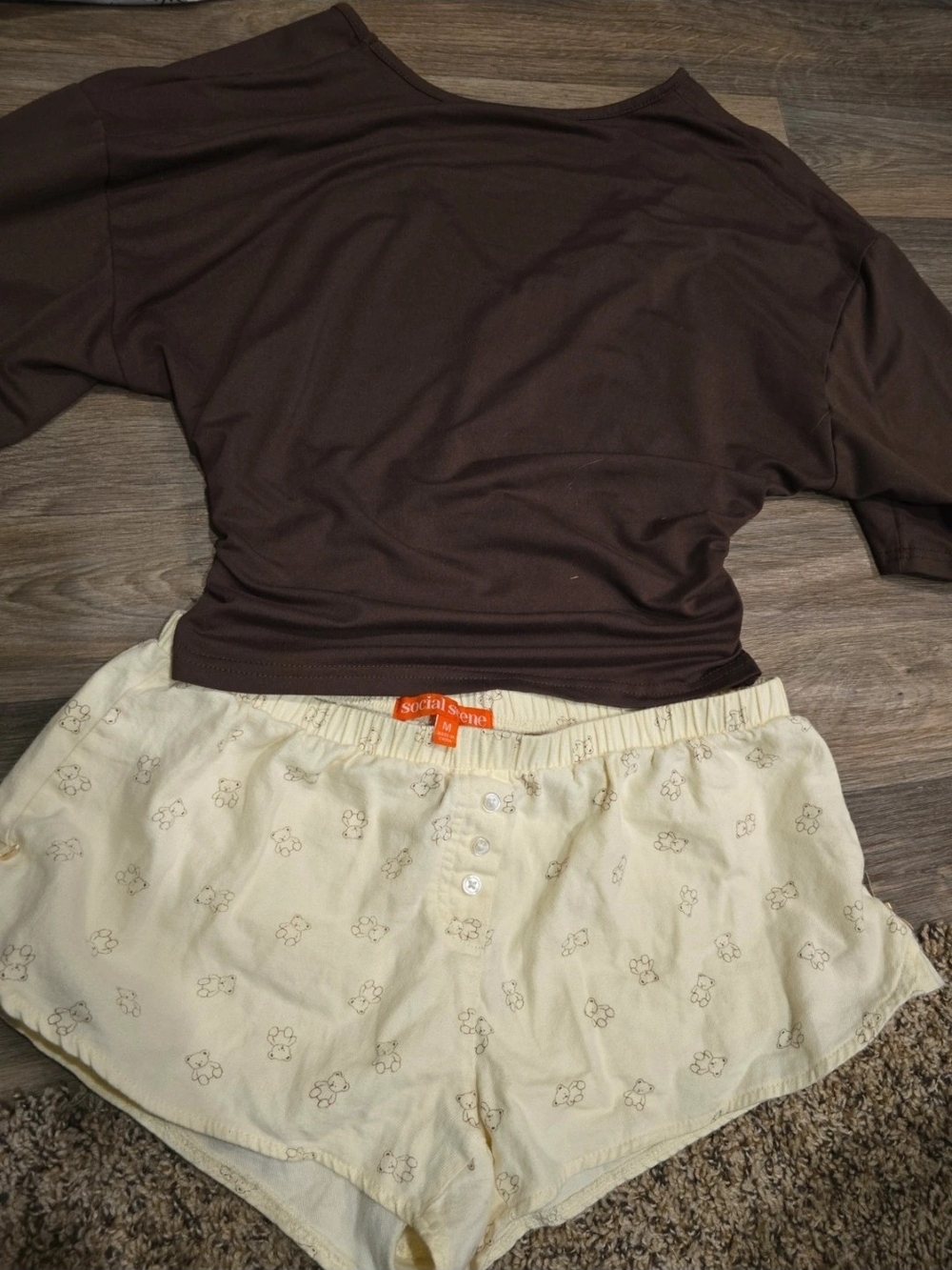 Social Sense Women's Brown Top and Cream Printed Pajama Short Set